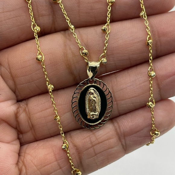 10K Gold Ball Station Necklace and Guadalupe Charm